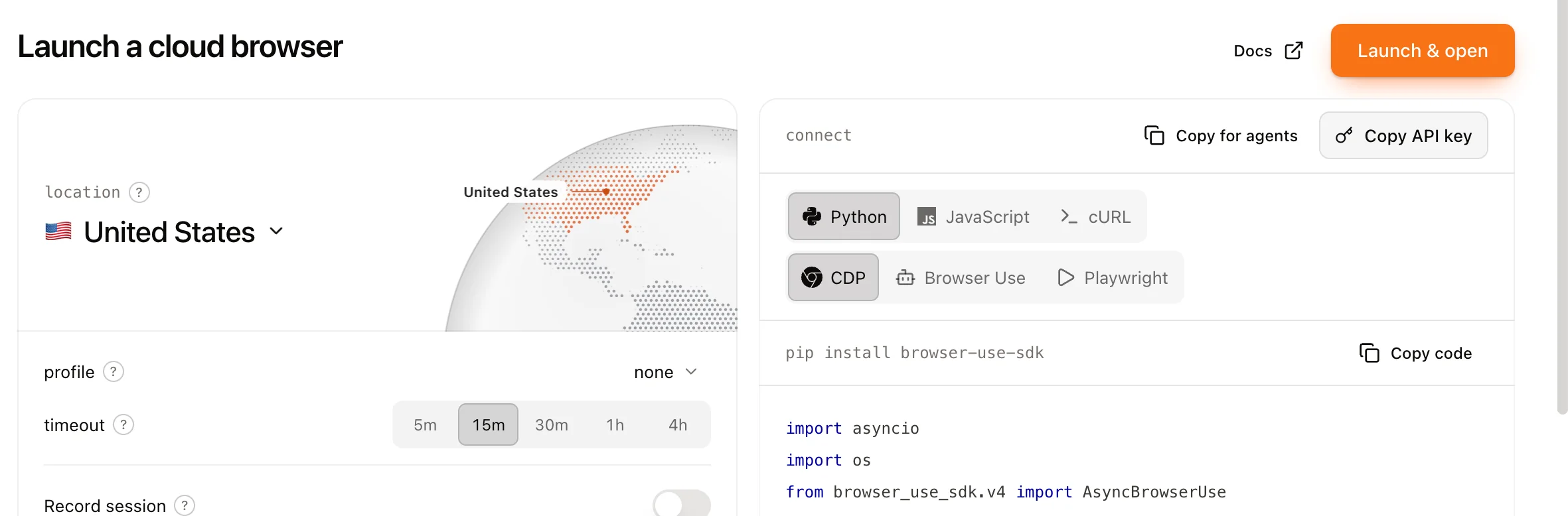 Browser Use Cloud 云端浏览器界面
